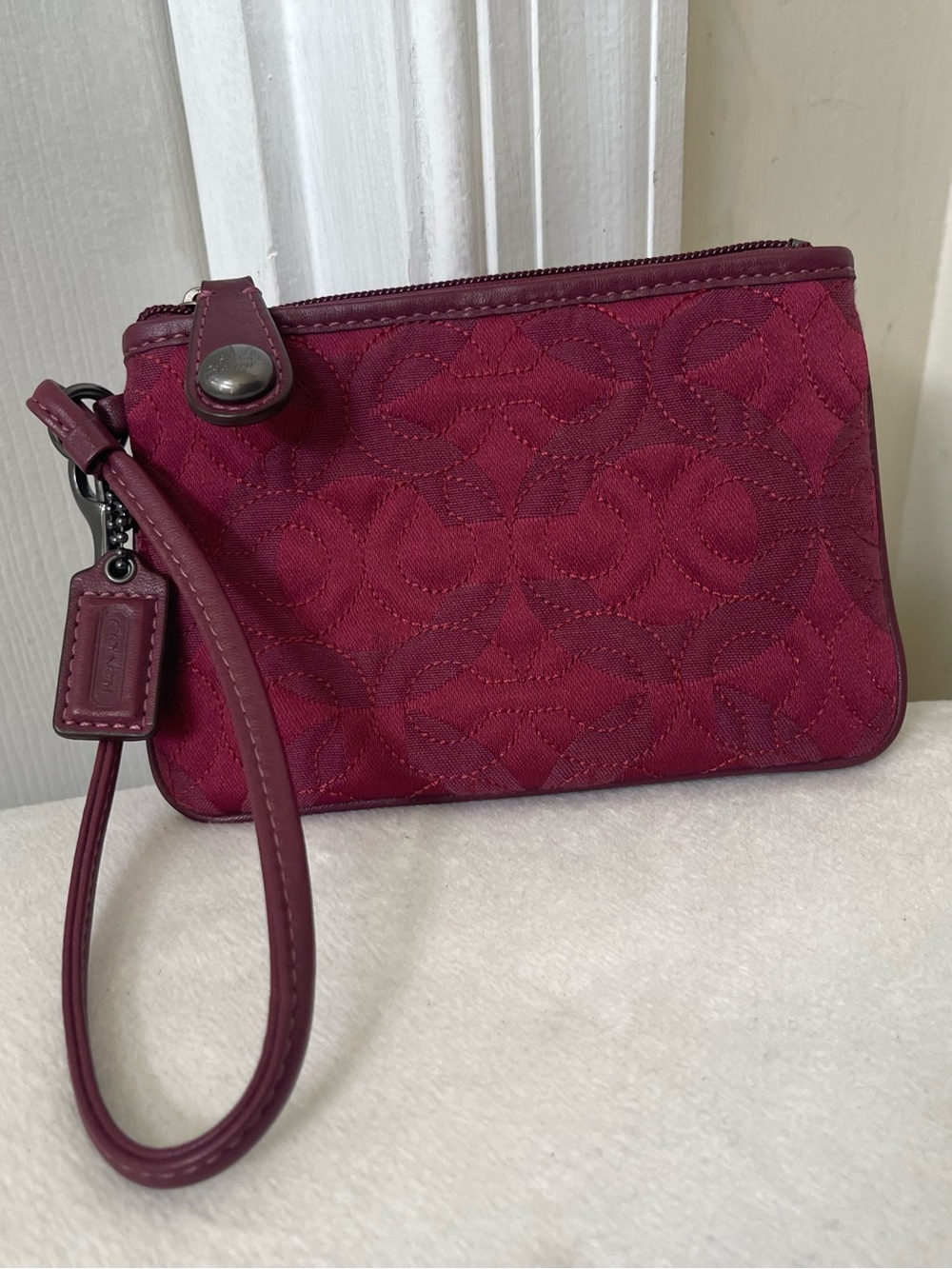 Coach Quilted Wristlet in Wine and Gunmetal